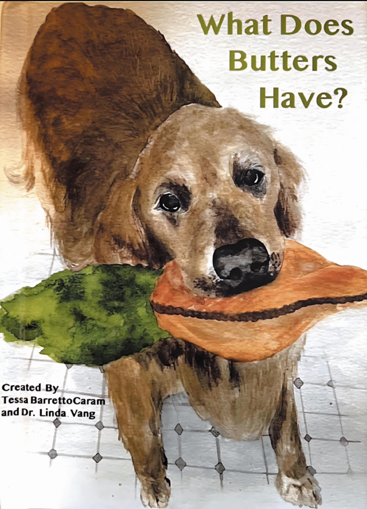 book cover of a painting of a dog holding an item, name of book is what does butters have?